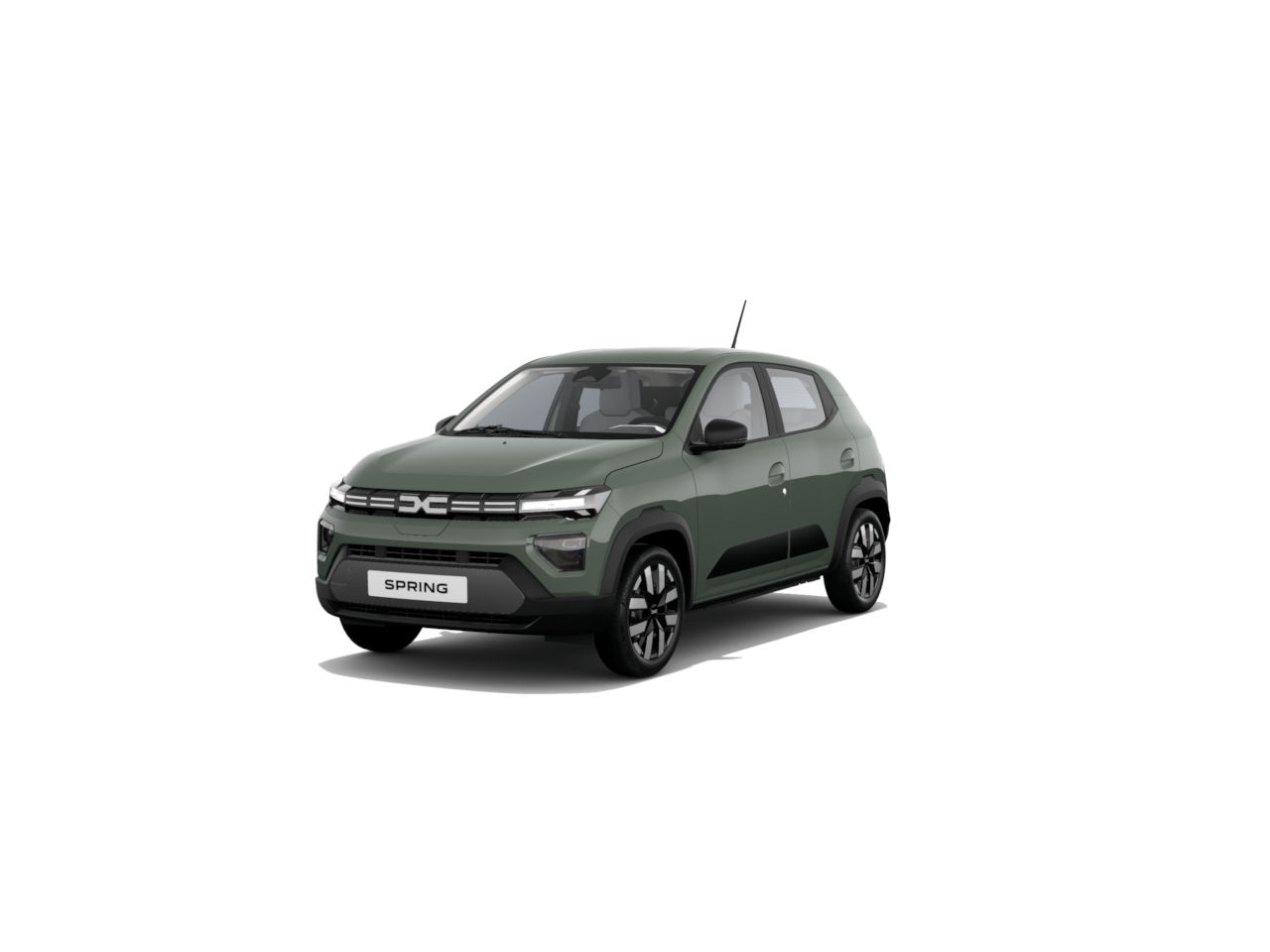 Ein grünes Auto, Modell Spring, steht auf einem weißen Hintergrund. Modernes Design und kompakte Bauweise.
