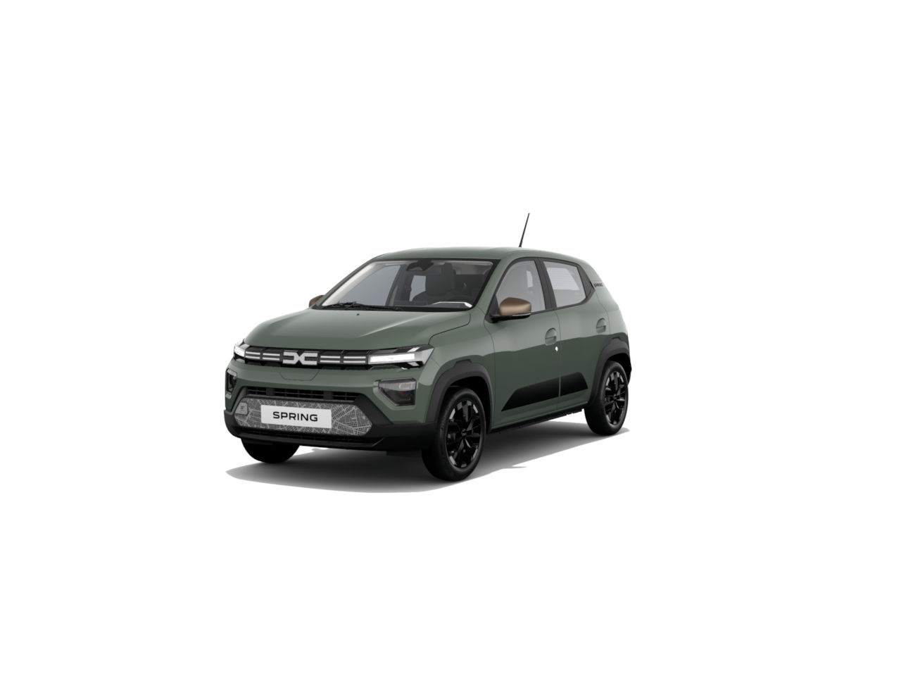 Ein modernes Auto in Olivgrün mit sportlichen Details und schwarzem Rad-Design, Modell 'Spring'.