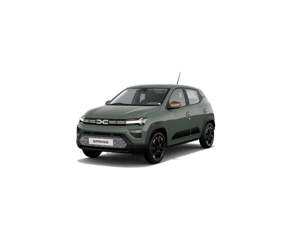 Ein grünes Auto namens Spring mit sportlichem Design und schwarzen Felgen auf weißem Hintergrund.