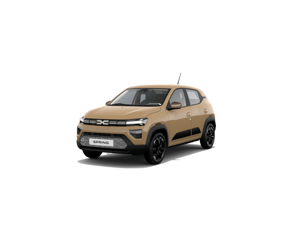 Ein beige Elektroauto, Modell 'Spring', frontal mit schwarzen Felgen, auf weißem Hintergrund.