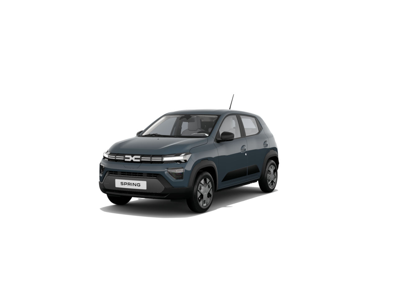 Elektroauto Dacia Spring in dunkelblauer Farbe, frontalansicht auf weißem Hintergrund.