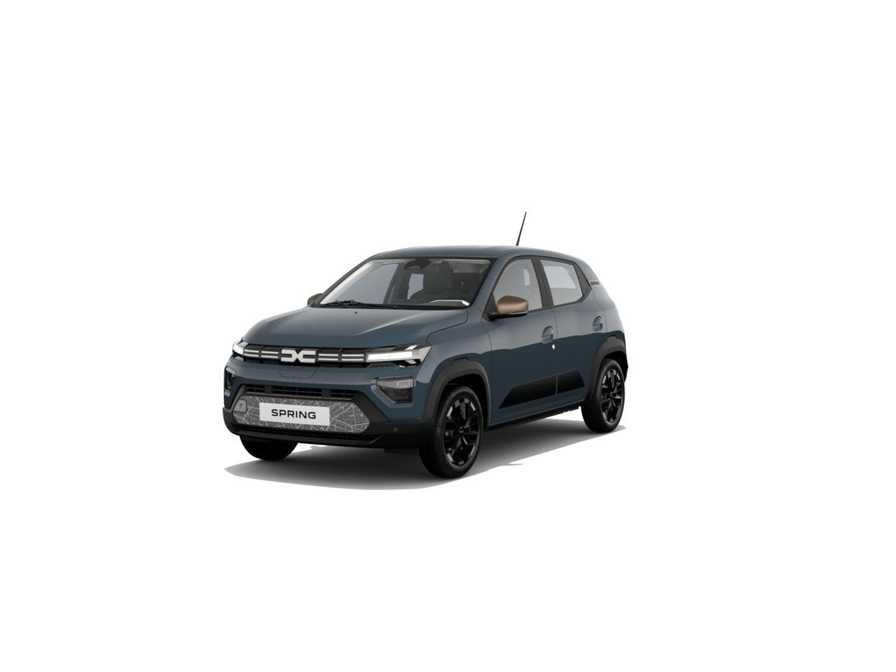 Dacia Spring, ein kompaktes Elektroauto, in mattem Blau mit schwarzen Felgen und modernem Design.