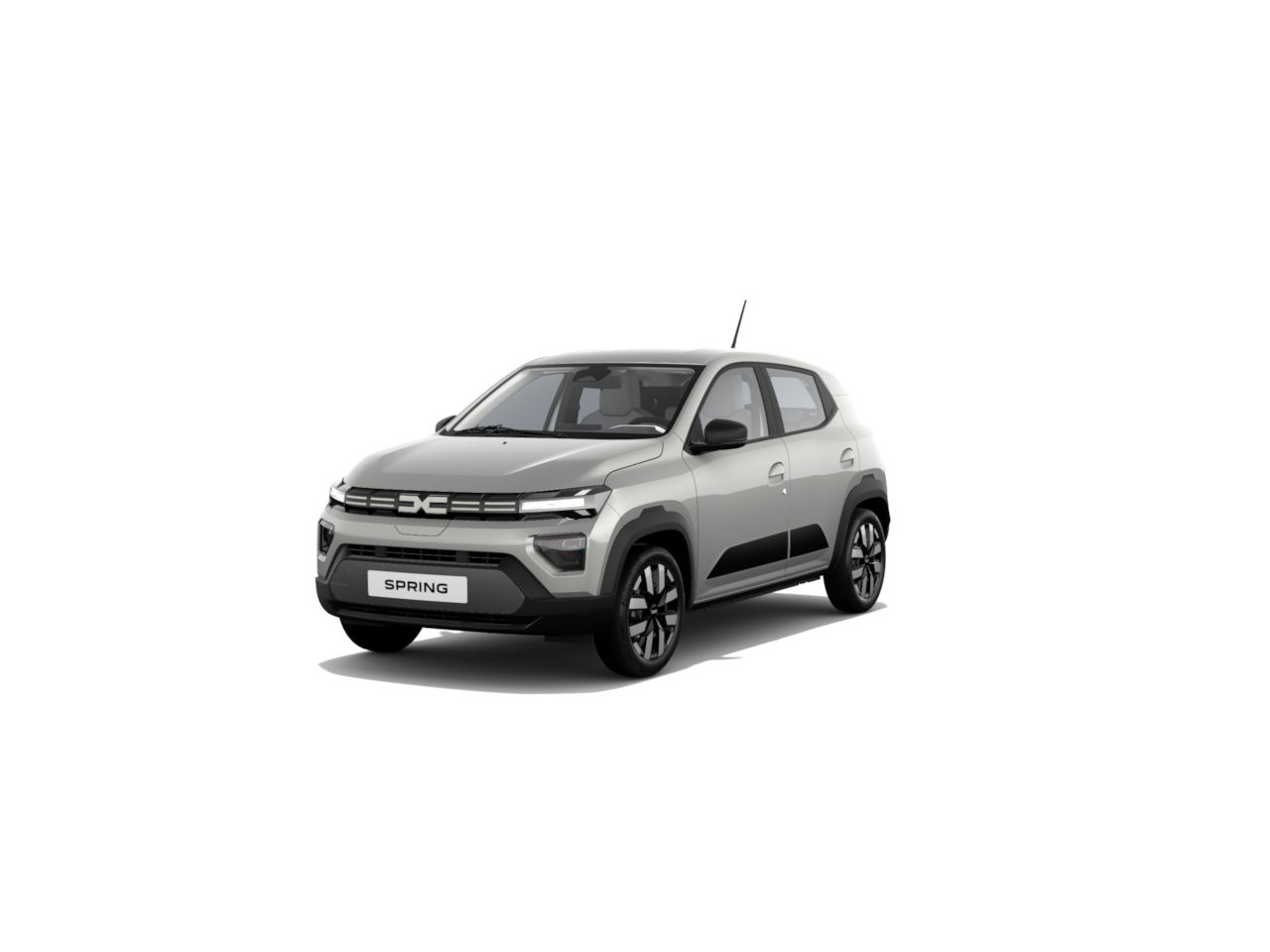 Neues Elektroauto Modell Dacia Spring in silberner Farbe, vorne seitlich betrachtet.