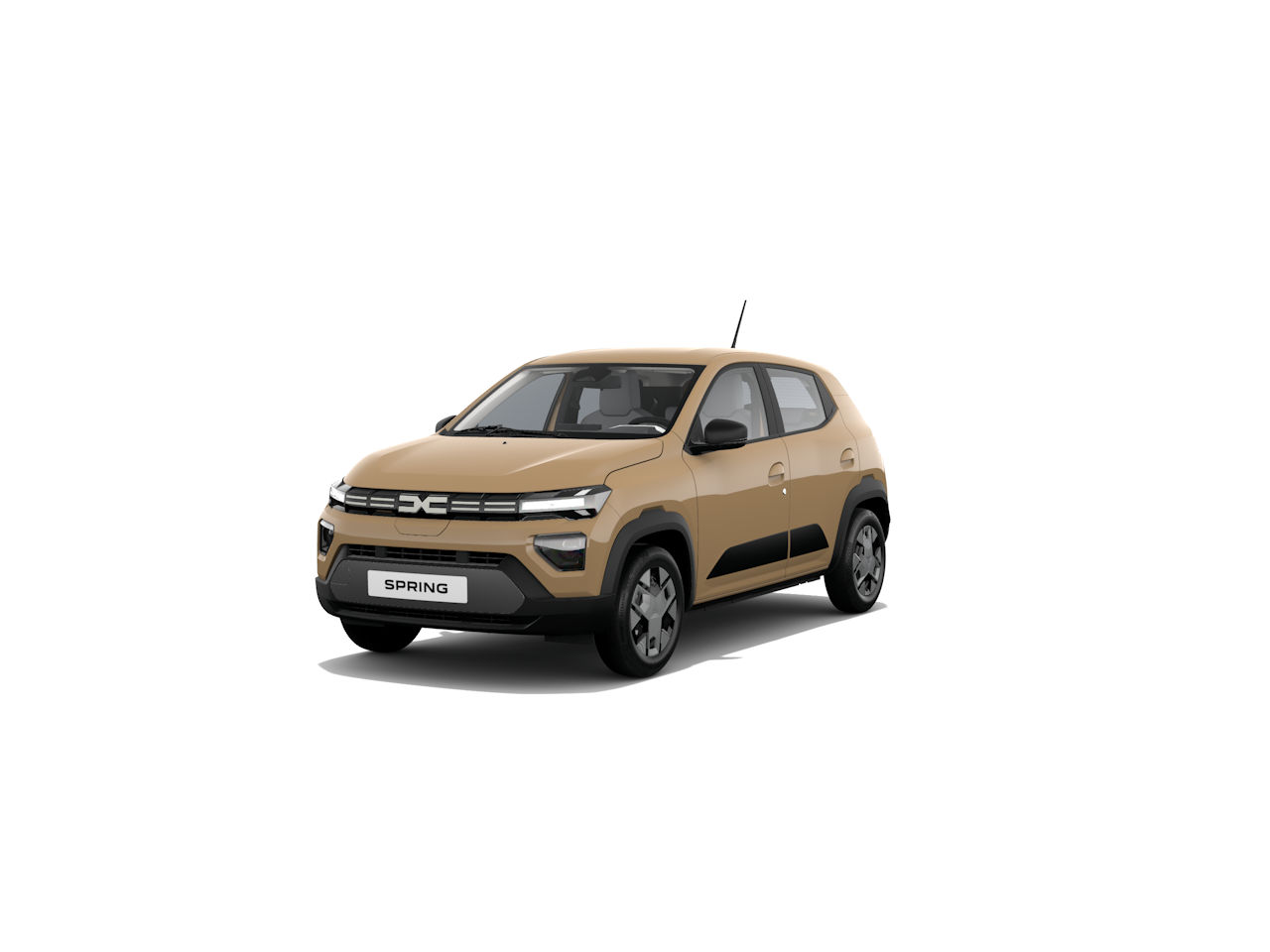 Ein beige Elektroauto, das Modell Spring, steht frontal auf weißem Hintergrund.