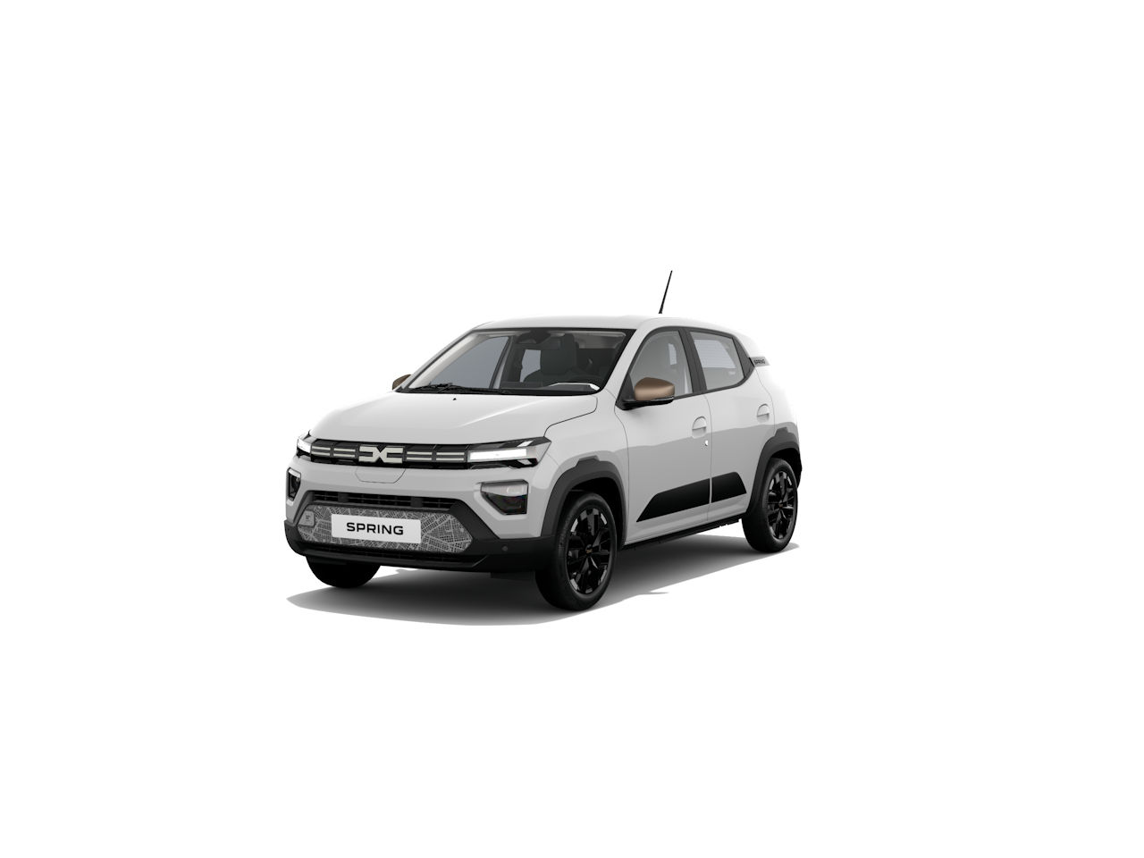 Weißer Elektroauto Dacia Spring mit schwarzem Rad, elegantem Design und moderner Frontansicht.