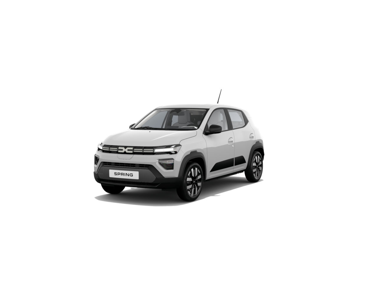 Ein neuer weißer SUV namens Spring, der modern und kompakt aussieht, steht auf einem weißen Hintergrund.