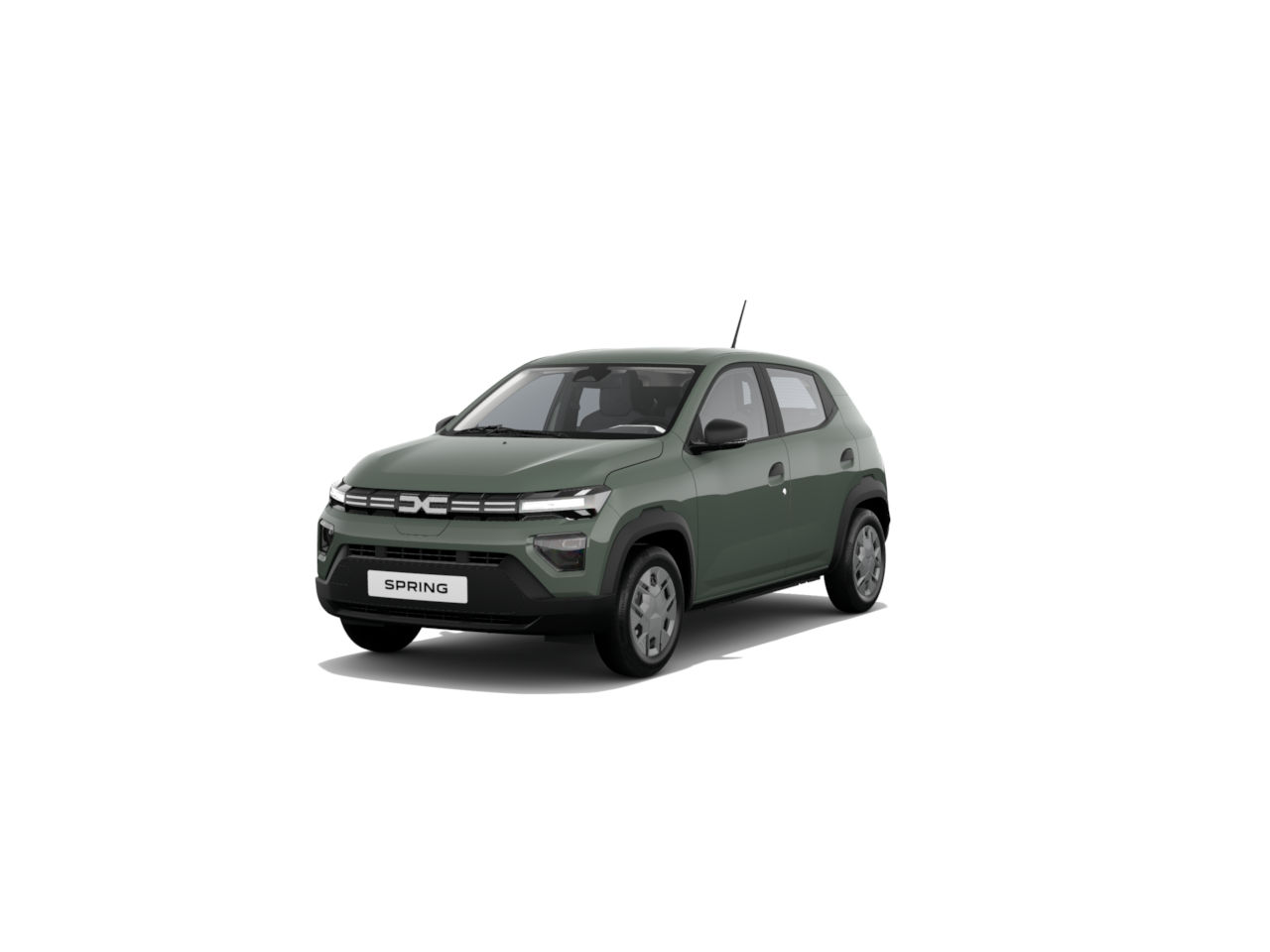 Ein grünes Auto, Modell Spring, gezeigt aus der Vorderansicht auf weißem Hintergrund.