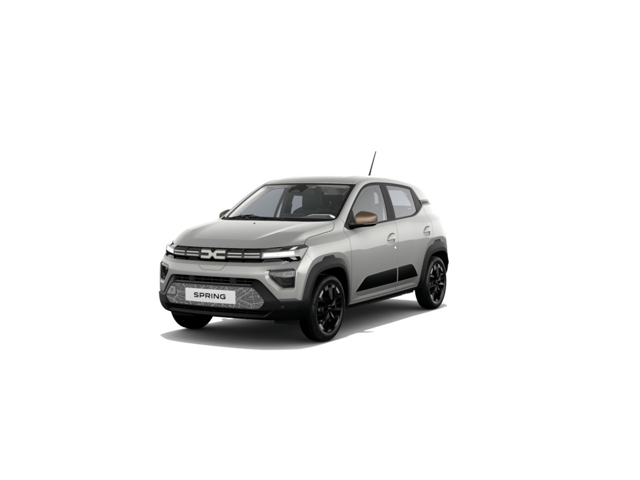 Ein modernes Auto, der Dacia Spring, in Grau und Schwarz, steht auf einem weißen Hintergrund.