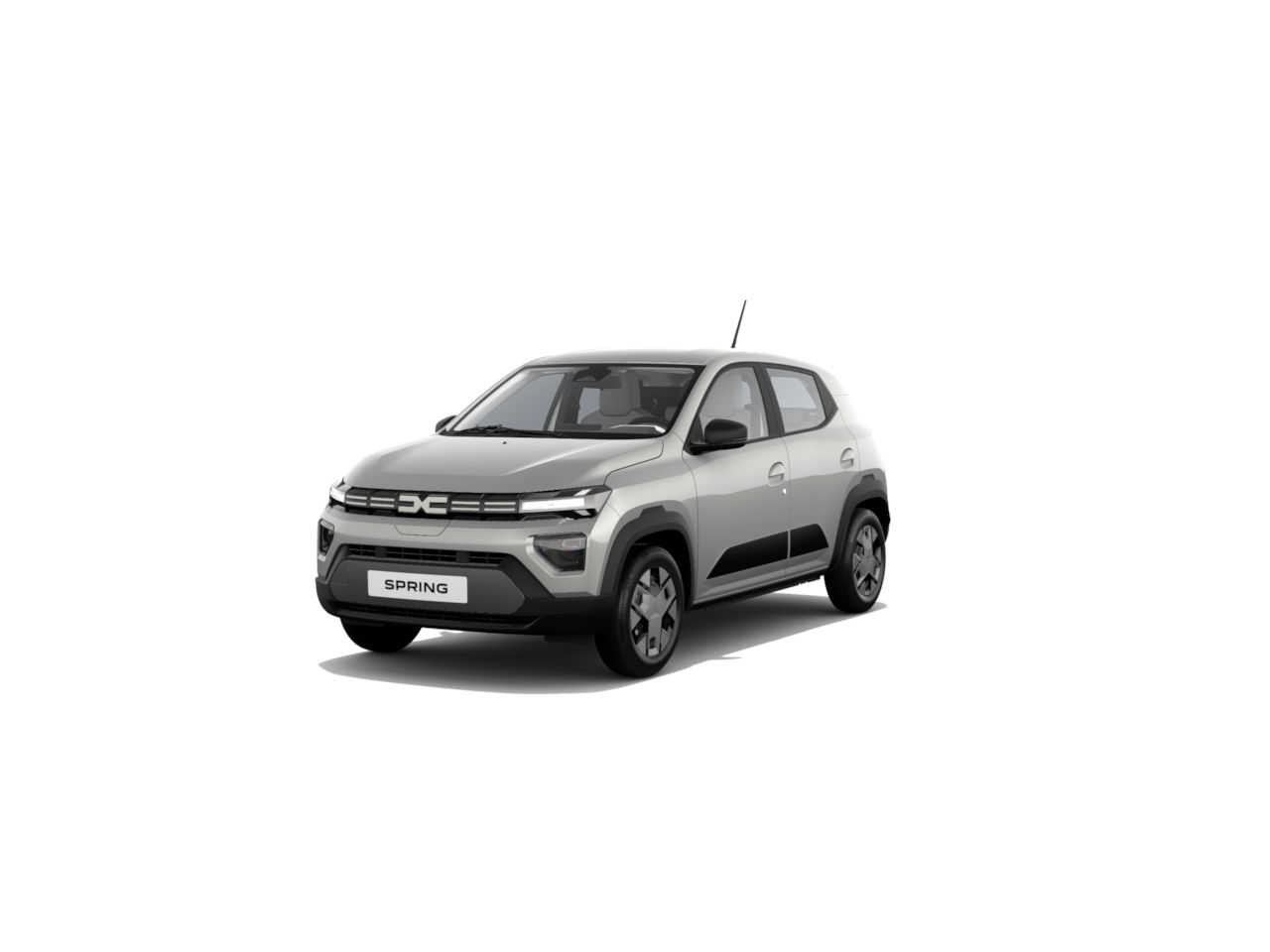 Silberner Elektro-Kleinwagen Dacia Spring, Frontansicht, auf weißem Hintergrund.