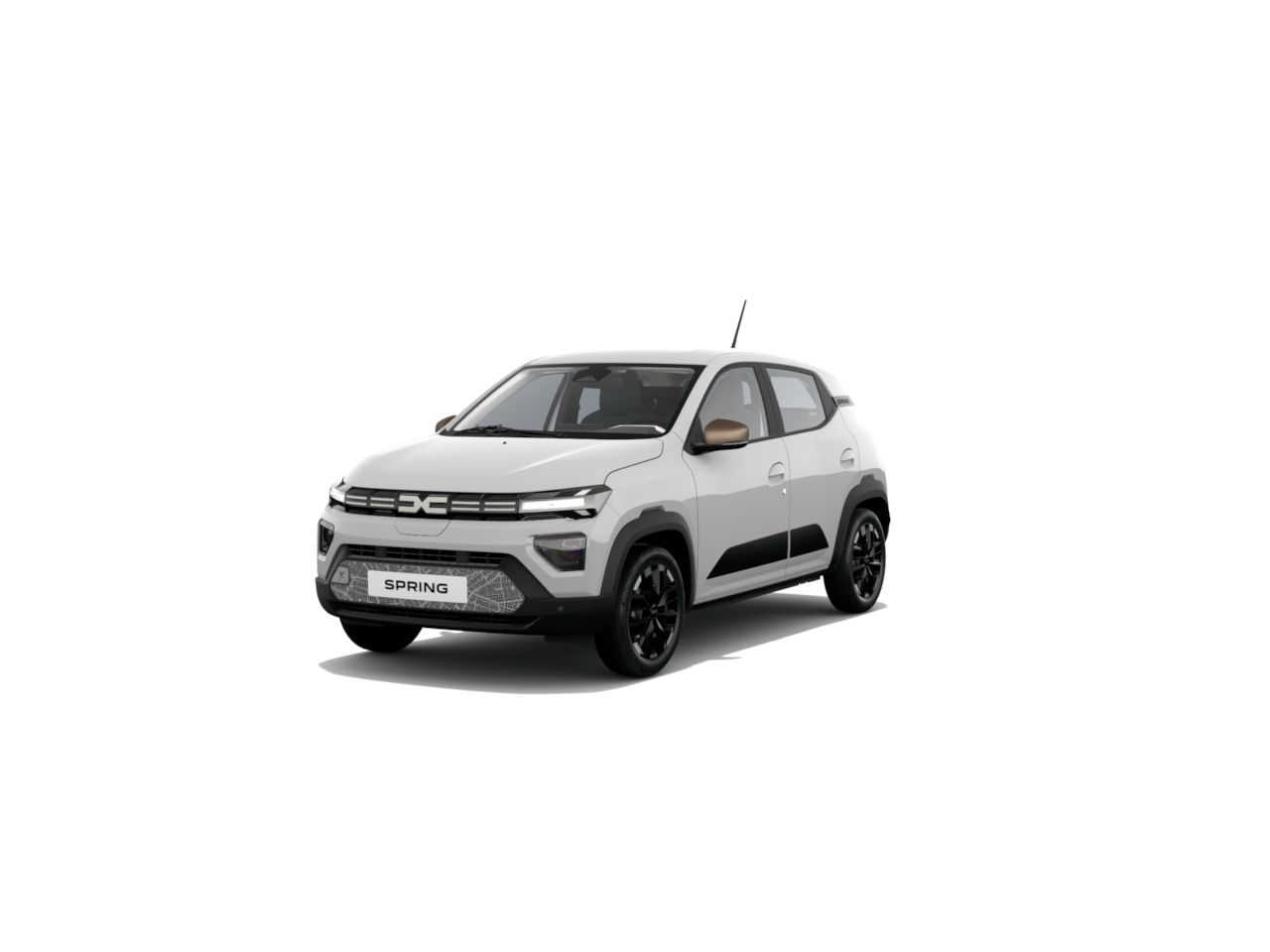Neues Elektroauto Dacia Spring in Weiß mit schwarzem Radpaket, Seitenansicht, urbanes Design.