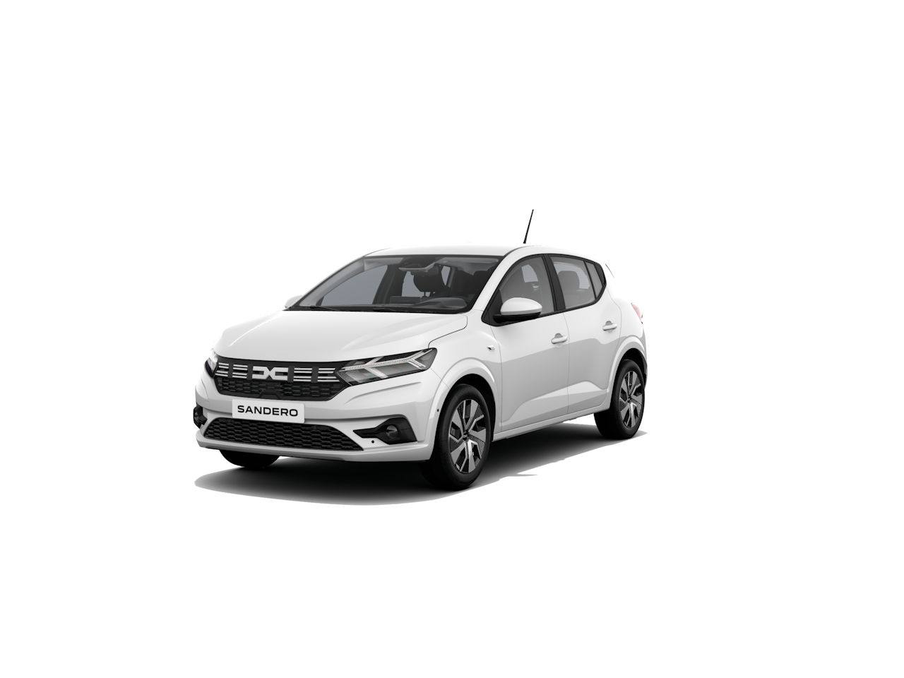 Weißer Dacia Sandero in der Frontalansicht auf weißem Hintergrund.