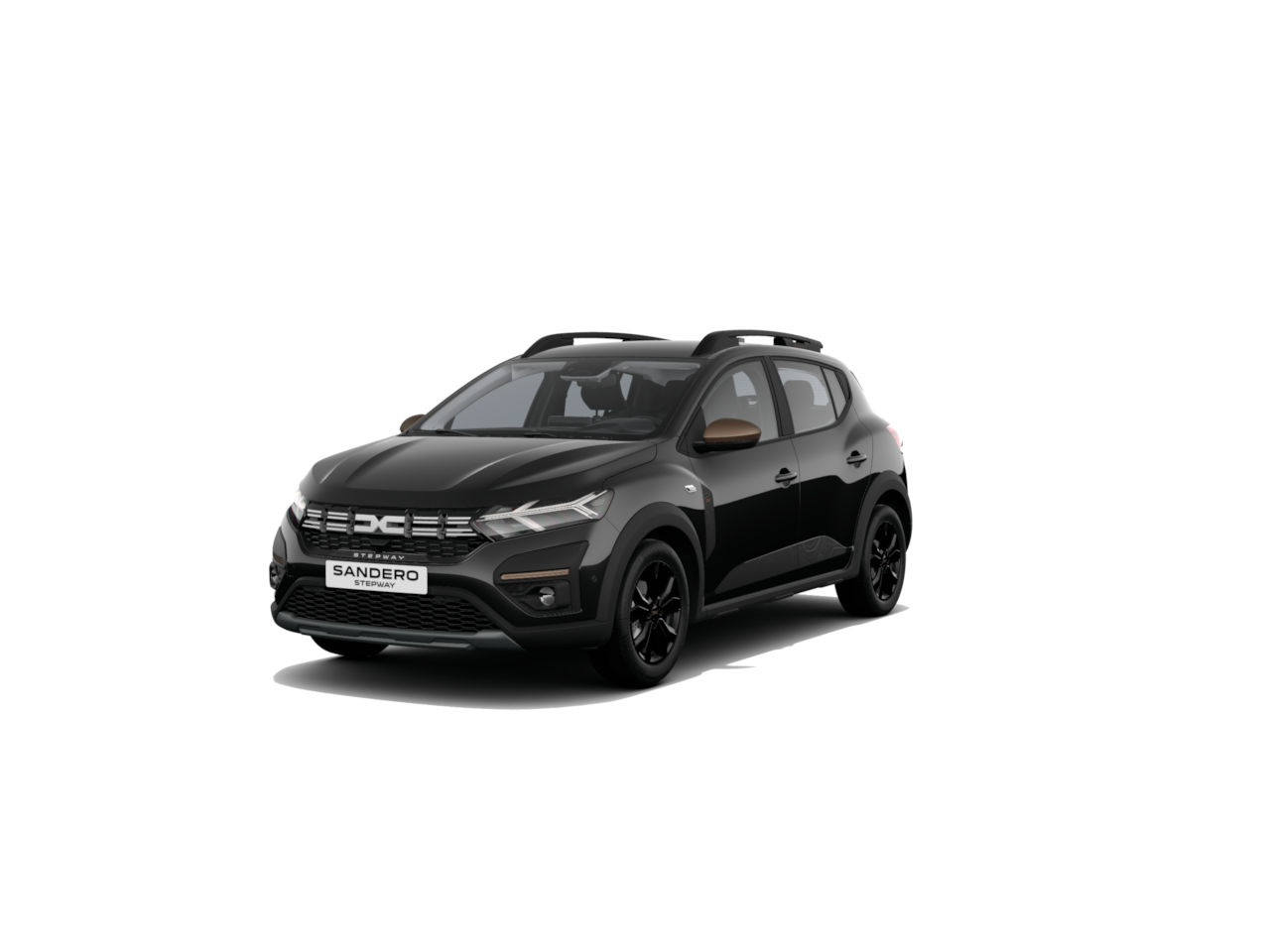 Schwarzer Dacia Sandero in 3/4-Ansicht, modern und sportlich gestaltet, auf neutralem Hintergrund.