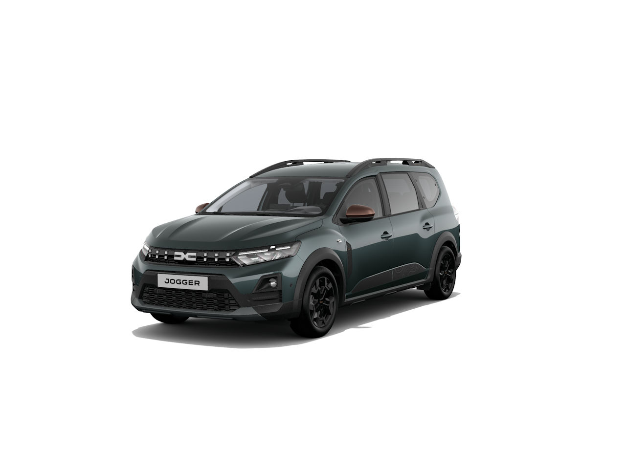 Ein Dacia Jogger in mattem Grün, Vorderansicht, auf weißem Hintergrund, geländetauglich, sportlich und modern.