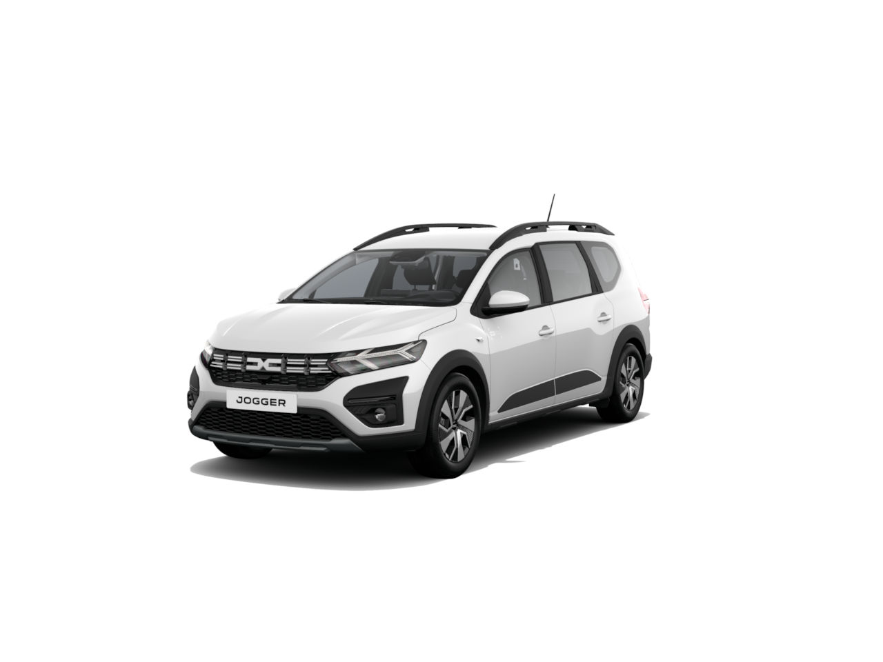 Weißer Dacia Jogger, ein kompakter Van, steht frontal und zeigt modernes Design und funktionale Details.