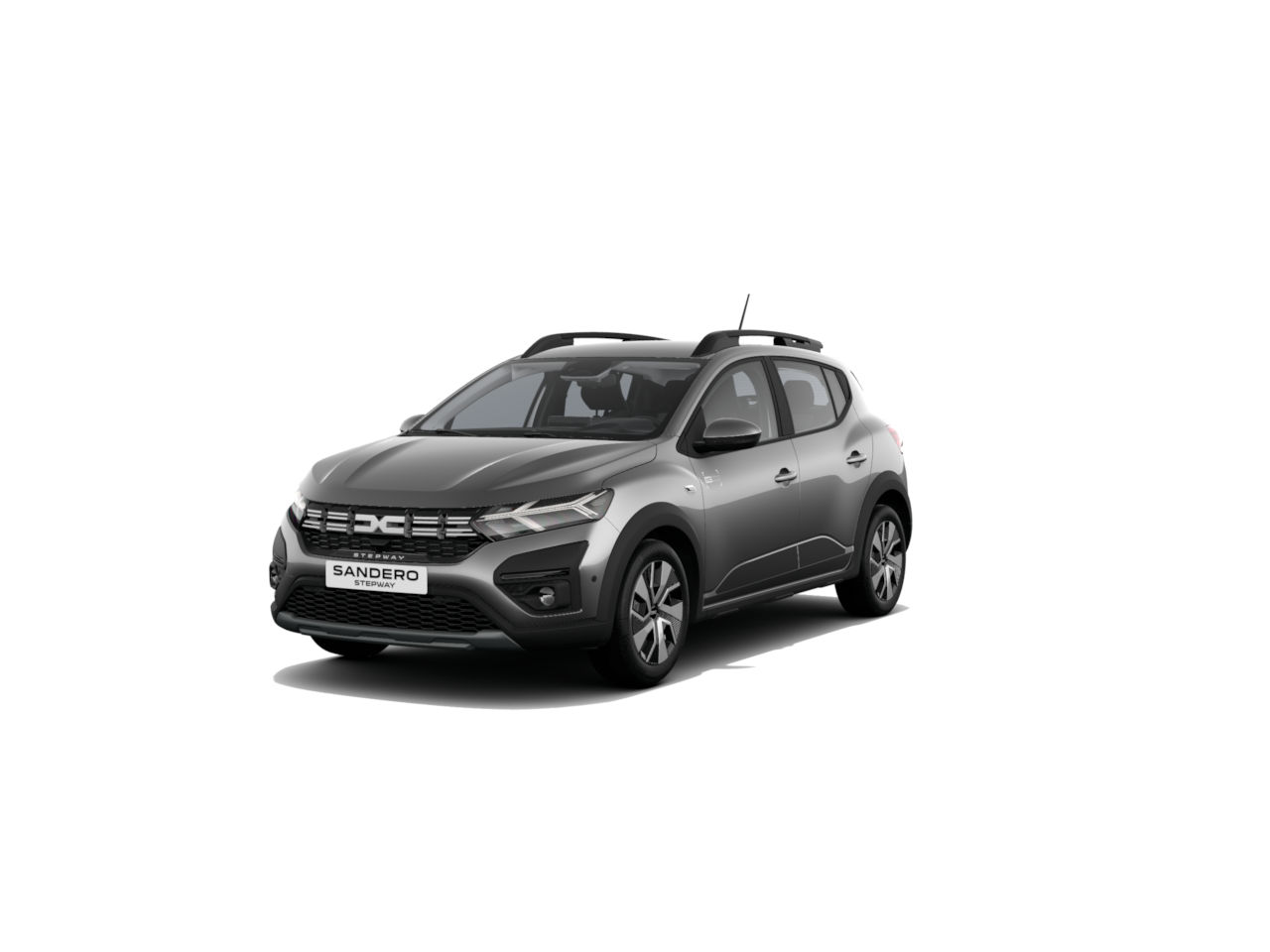 Dacia Sandero in Grau mit modernem Design, frontalansicht auf weißem Hintergrund.