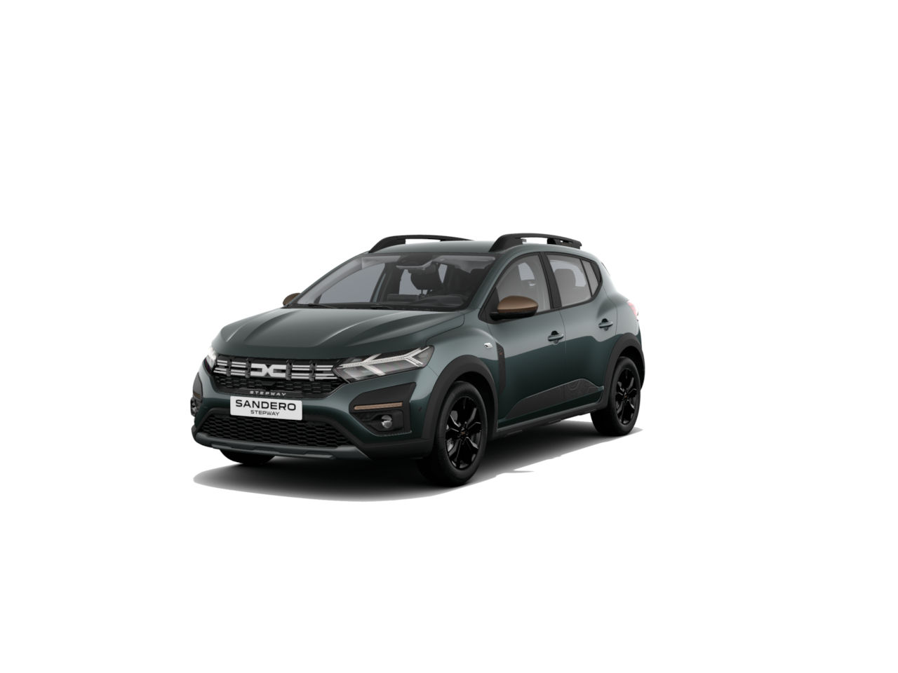 Neuer Dacia Sandero in dunkelgrün mit schwarzen Akzenten, Seitensicht auf modernes Kompaktfahrzeug.