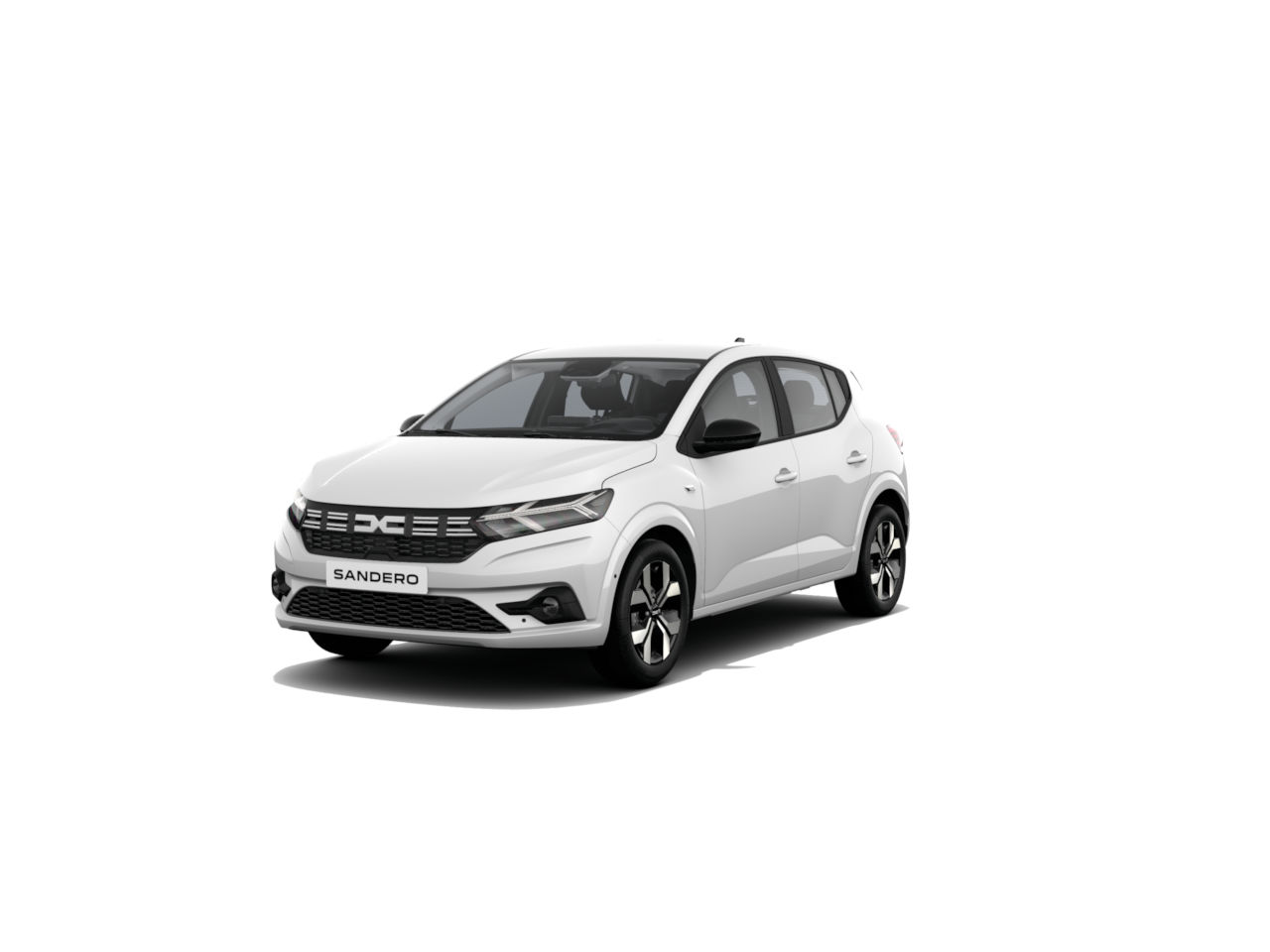 Weißer Dacia Sandero, schräg vorne betrachtet, auf hellem Hintergrund.