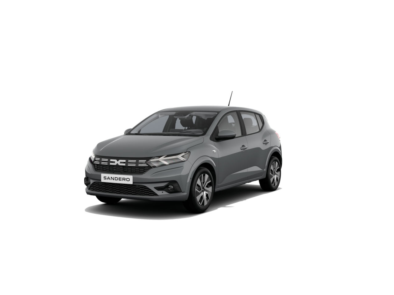 Der kompakte graue Renault Sandero, frontal dargestellt, mit modernem Design und markantem Kühlergrill.