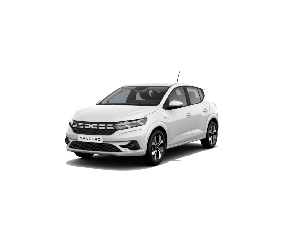 Weißer Dacia Sandero in frontalem Blick auf weißem Hintergrund.