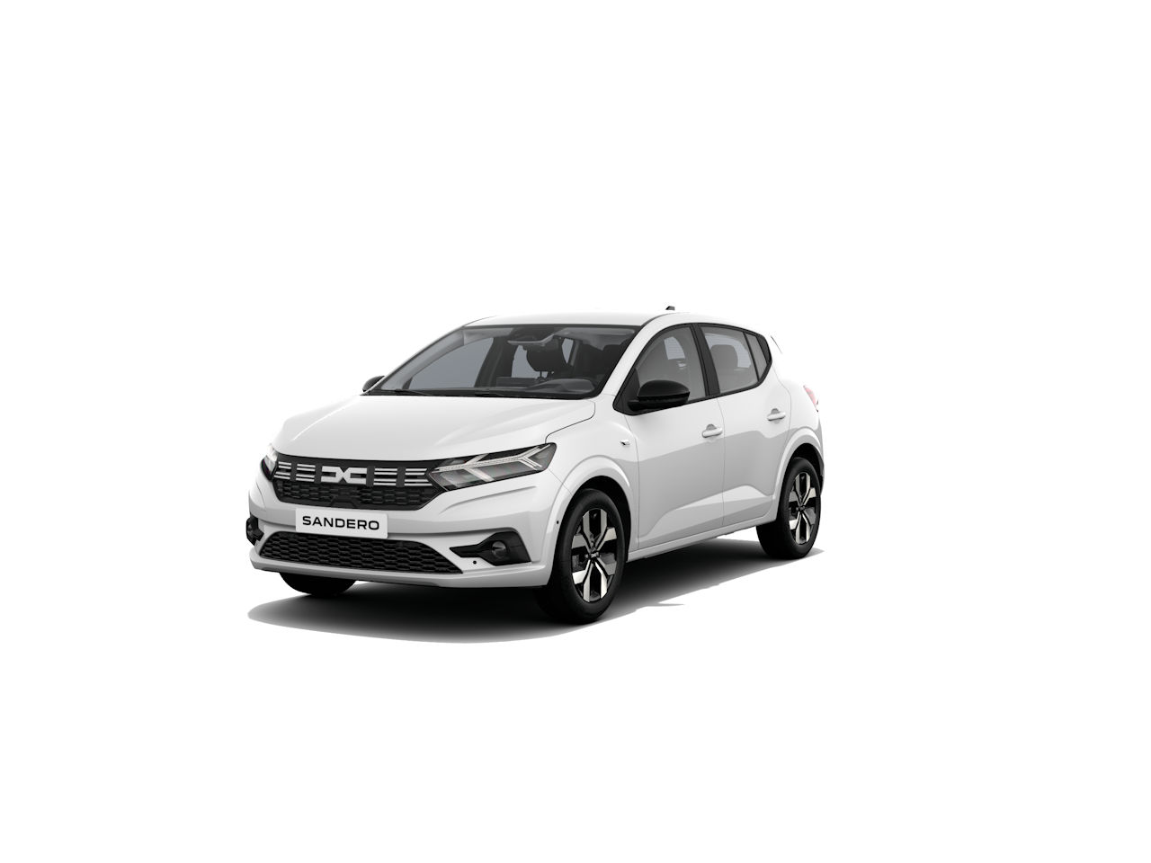 Weißer Dacia Sandero, kompakter Fünftürer, frontal abgebildet mit modernem Design.