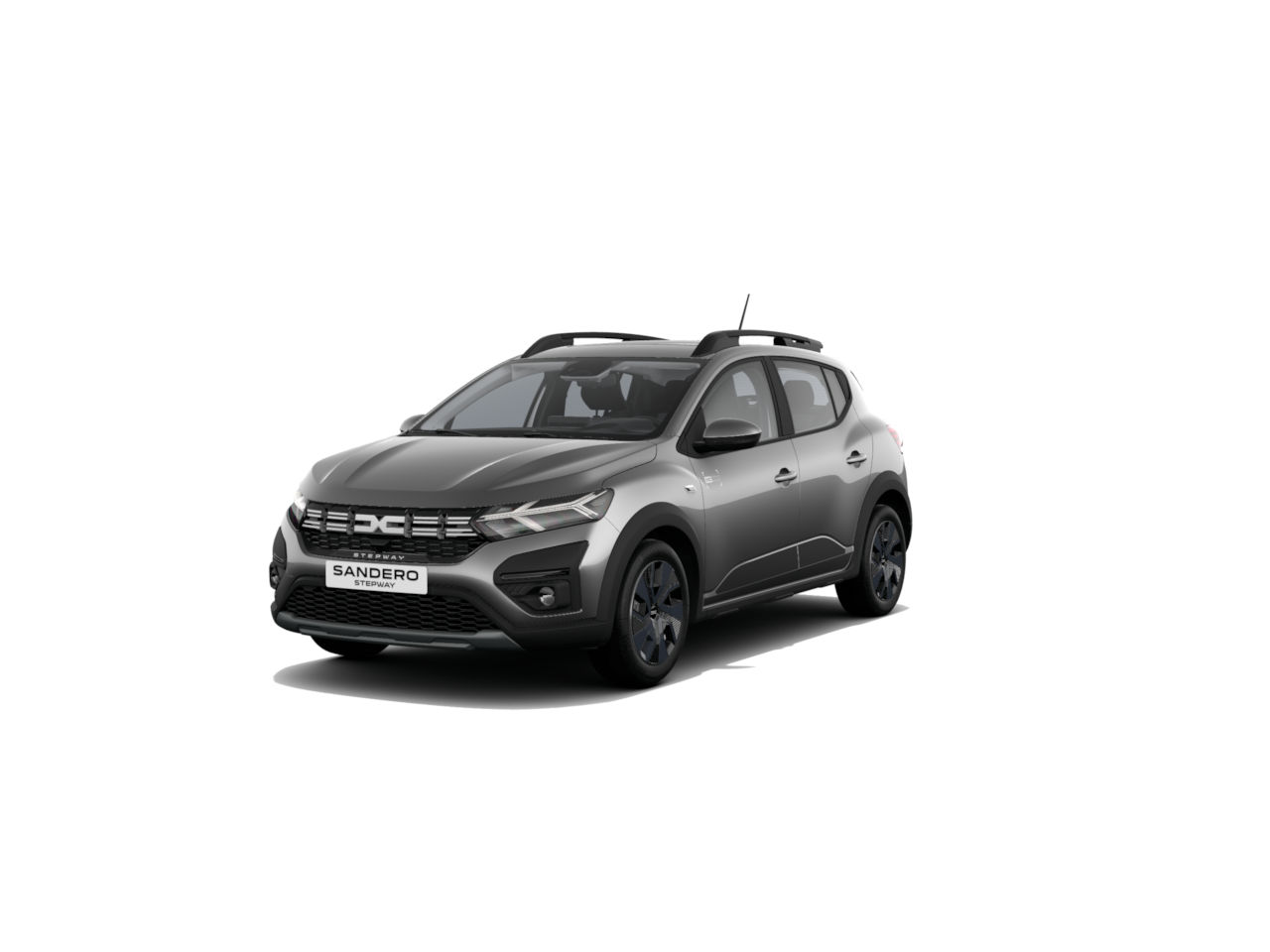 Dacia Sandero in Grau mit sportlichem Design und schwarzem Felgen, auf weißem Hintergrund.