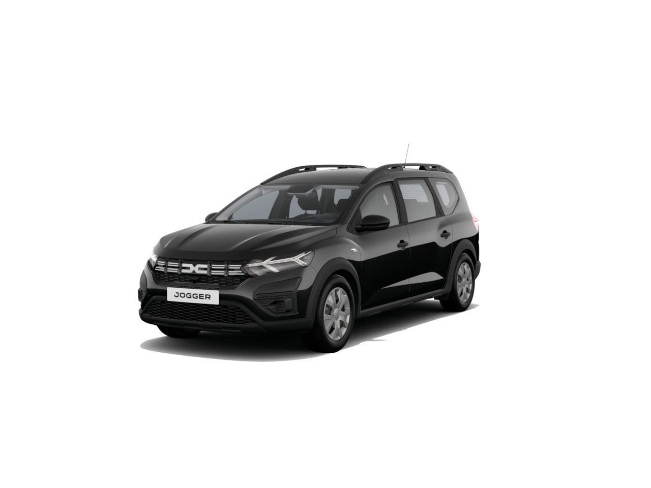 Schwarzer Dacia Jogger, Familienfahrzeug mit moderner Front und gutem Innenraum, auf weißem Hintergrund.