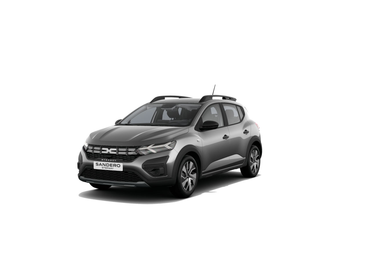 Frontansicht eines grauen Dacia Sandero, einem kompakten Auto mit modernem Design und fünf Türen.