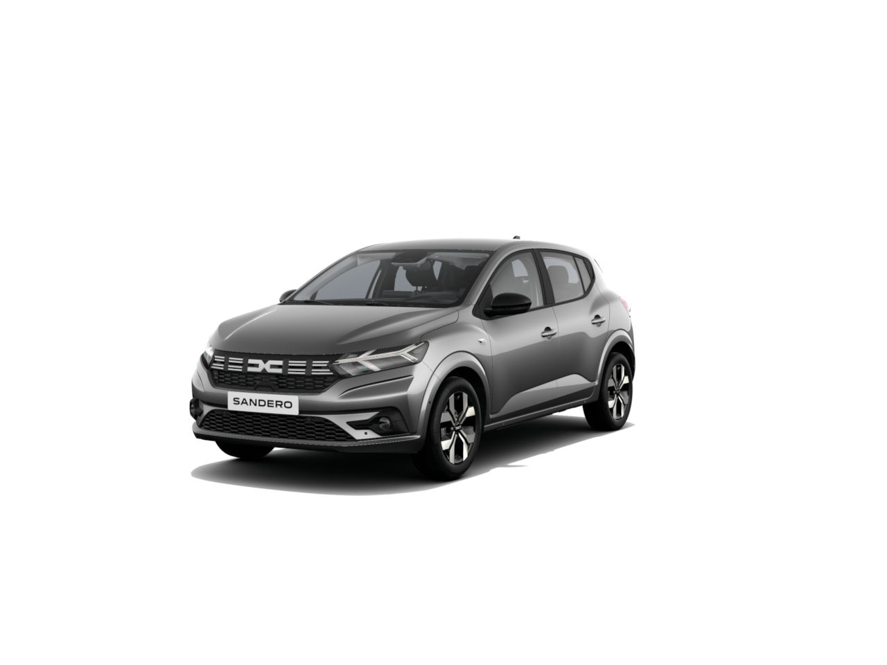 Grauer Dacia Sandero im Frontansicht, modernes Design und sportliche Linienführung, ideal für Stadtfahrten.