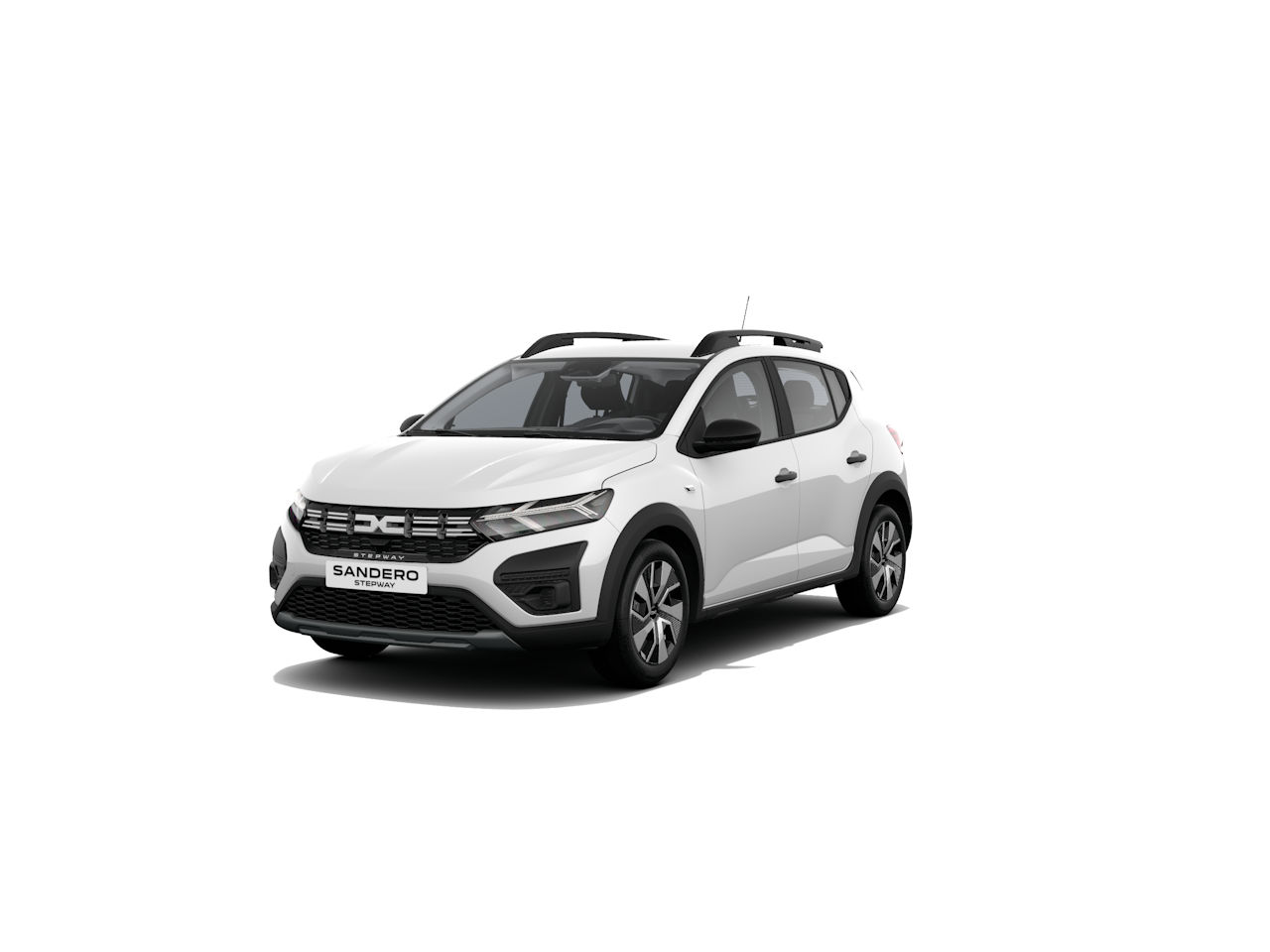 Weißer Dacia Sandero, Frontansicht, moderne Designmerkmale, kompakter Stadtwagen.