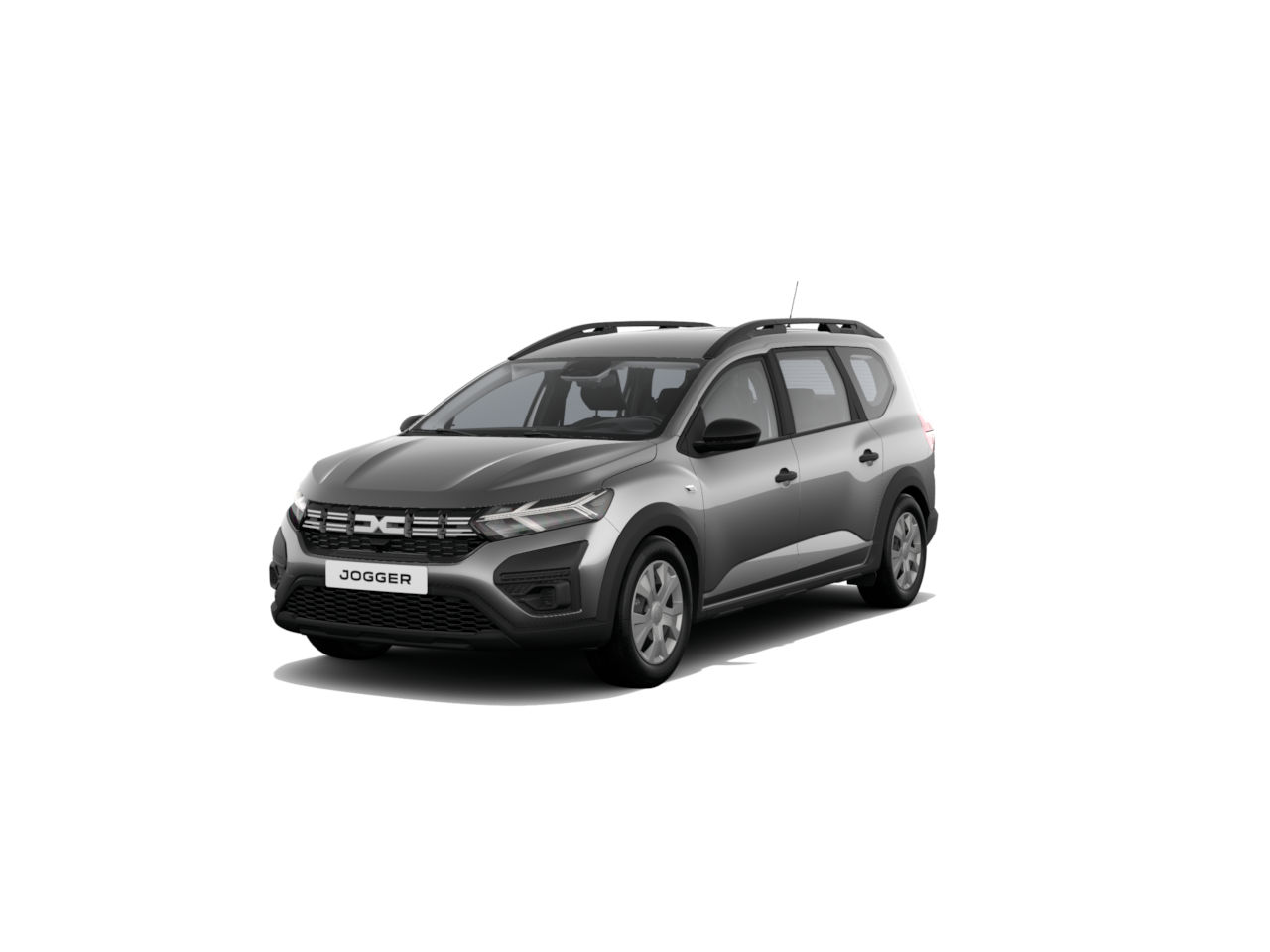 Ein grauer Dacia Jogger von vorne, mit modernem Design und fünf Türen auf weißem Hintergrund.