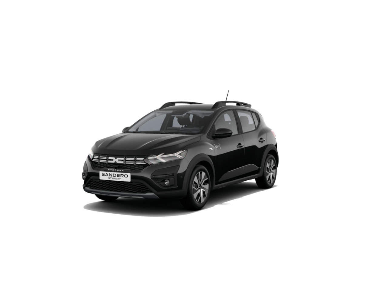 Schwarzer Dacia Sandero in 3/4-Ansicht, modernes Design, SUV-ähnlicher Look, ideal für städtische Fahrten.