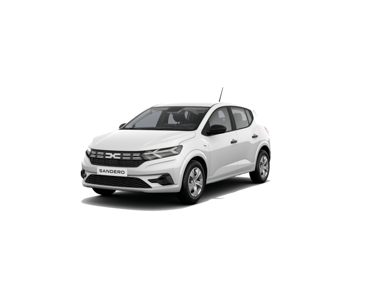 Weißer Dacia Sandero, kompakter Hatchback mit modernem Design, frontalansicht auf weißem Hintergrund.