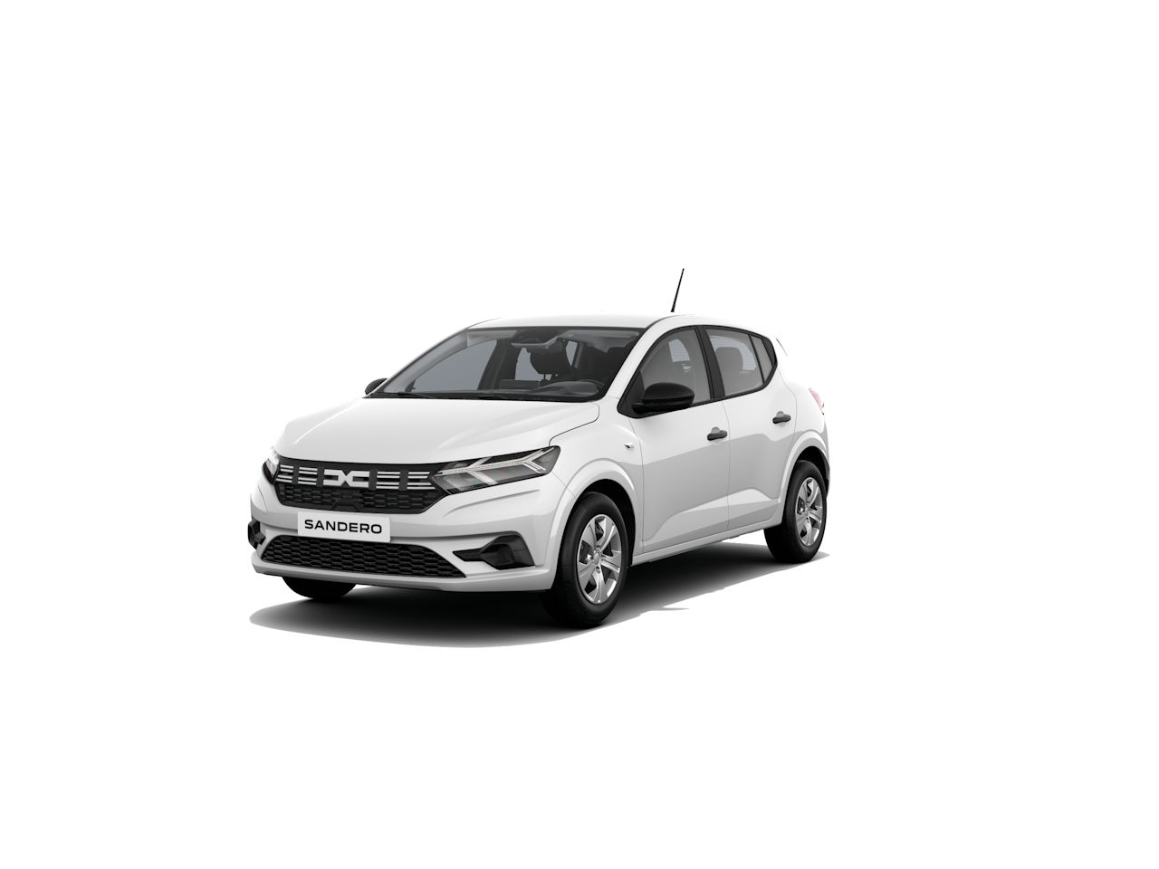 Ein weißer Dacia Sandero von vorne, auf einem weißen Hintergrund für eine klare Präsentation.