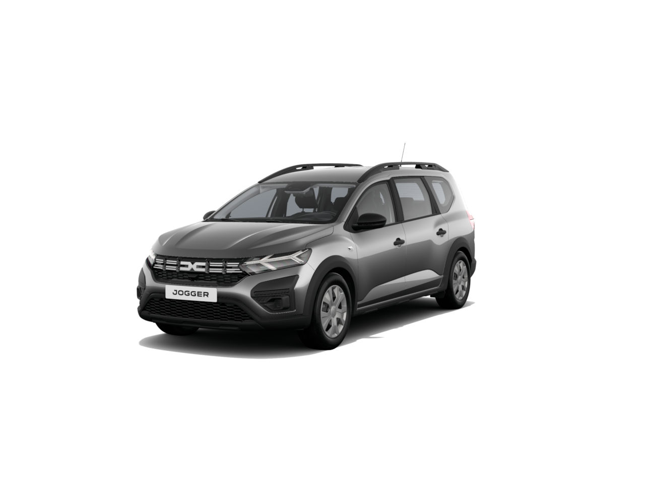 Ein grauer Dacia Jogger, ein geräumiger Kompaktvan, auf weißem Hintergrund.