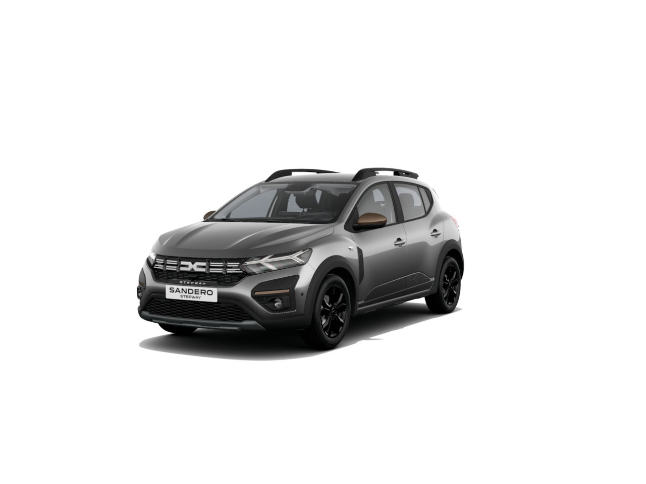 Dacia Sandero in grau mit schwarzem Dach und Felgen, frontal aufgenommen, auf weißem Hintergrund.