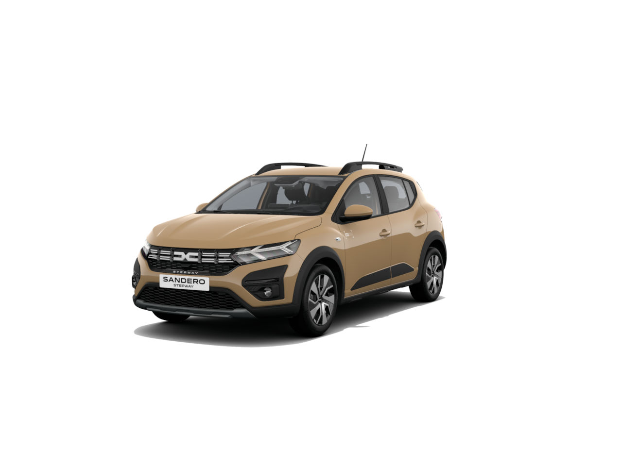 Ein beigefarbener Dacia Sandero, ein modernes Kompaktfahrzeug, auf einem weißen Hintergrund.
