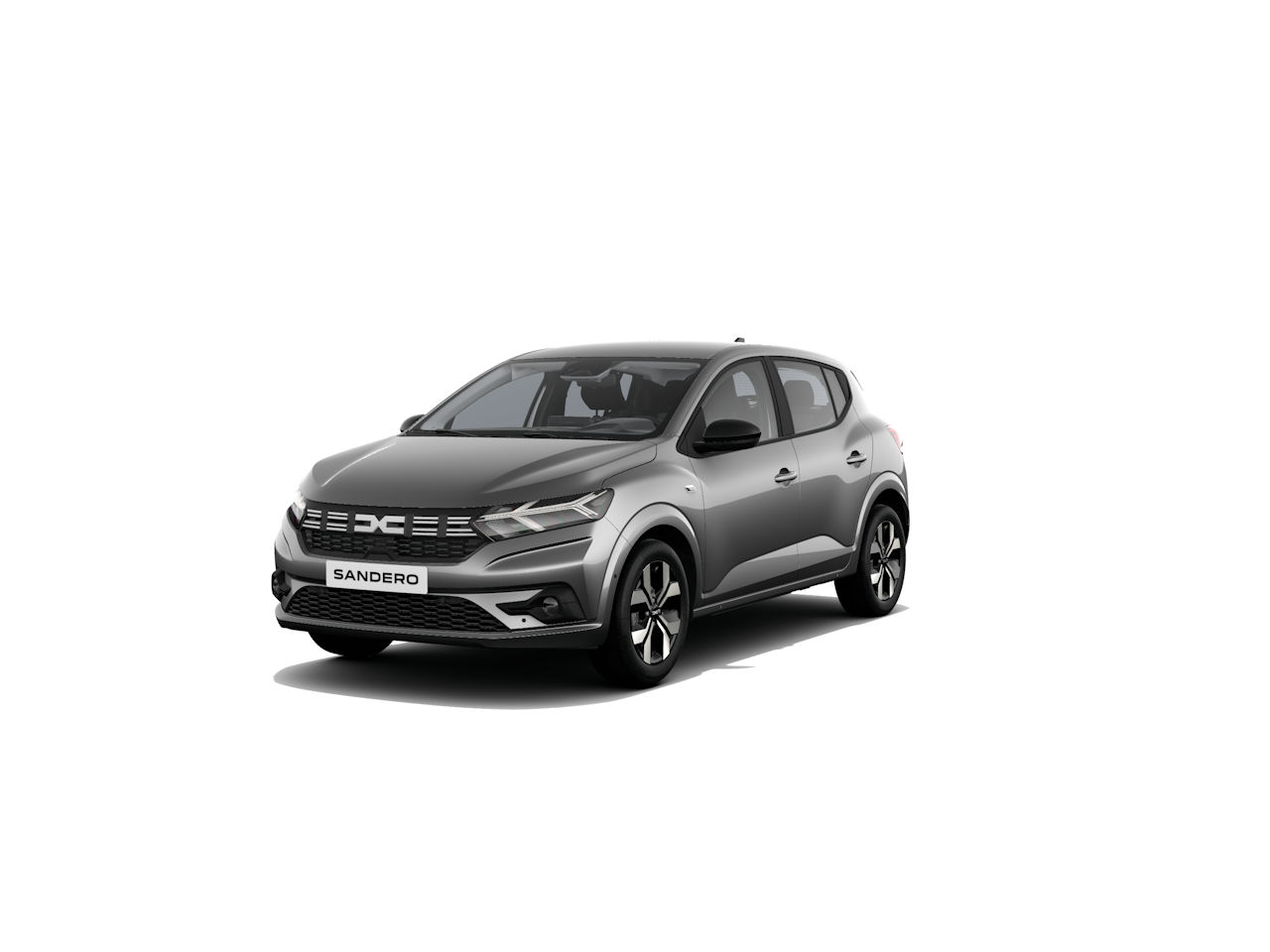 Grauer Dacia Sandero, kompaktes Auto, frontal aufgenommen, auf weißem Hintergrund.