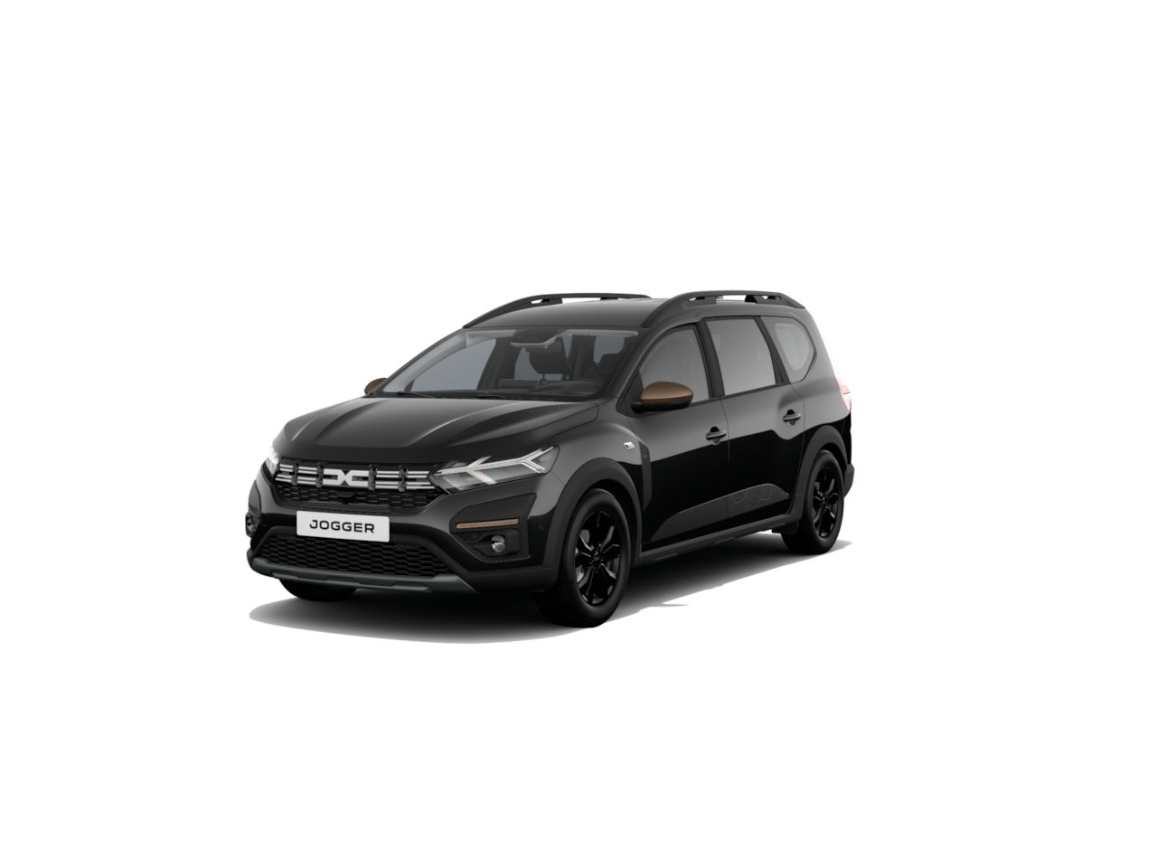 Schwarzer Dacia Jogger mit modernen Designelementen, Frontansicht, auf neutralem Hintergrund.