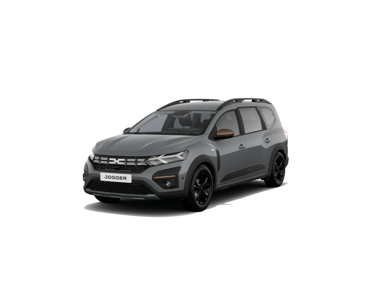 Ein grauer Dacia Jogger, ein moderner Kombi mit sportlichem Design und schwarzem Fahrgestell.