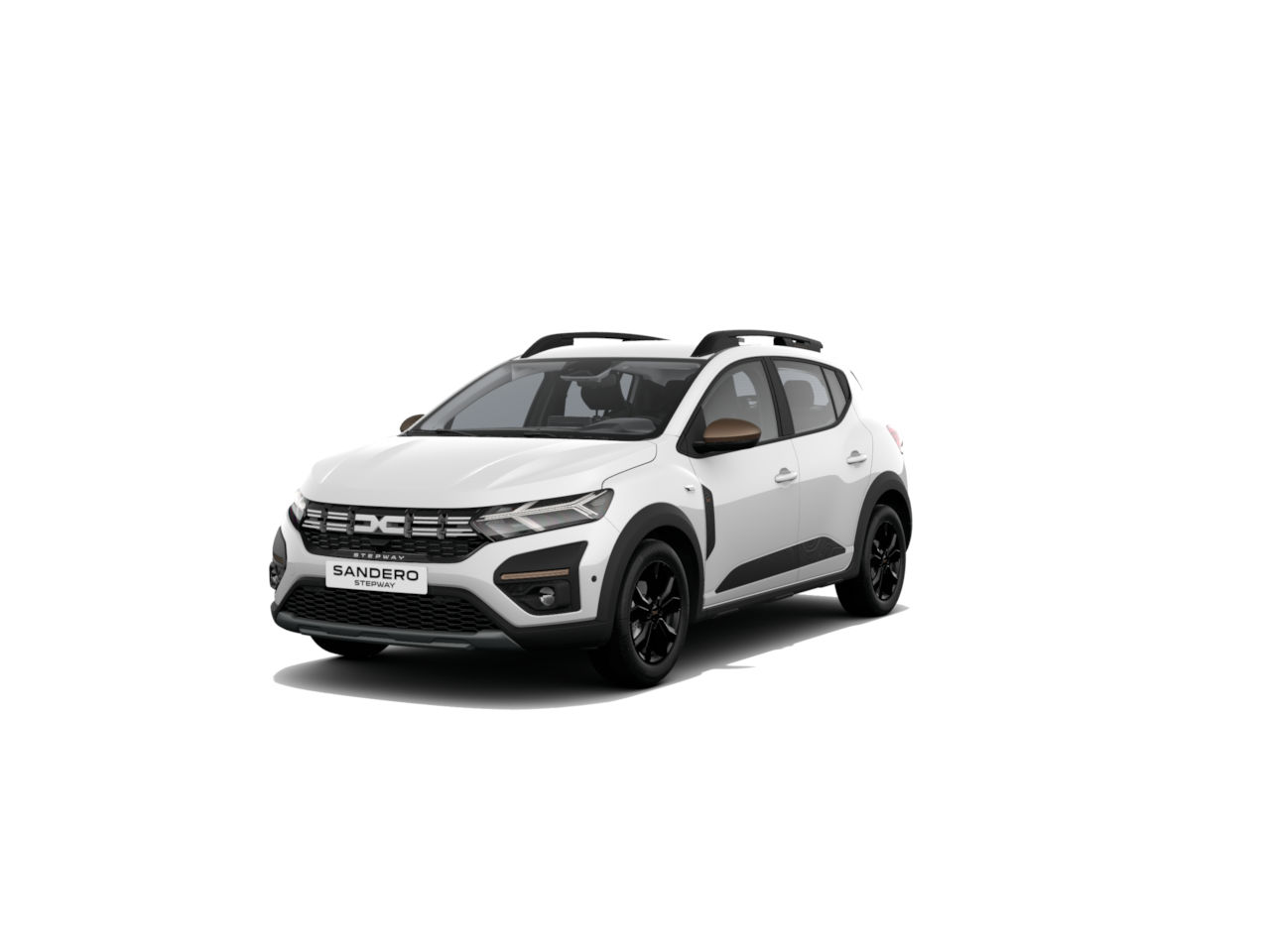 Weißer Dacia Sandero mit schwarzem Dach und Felgen, frontal abgebildet auf weißem Hintergrund.