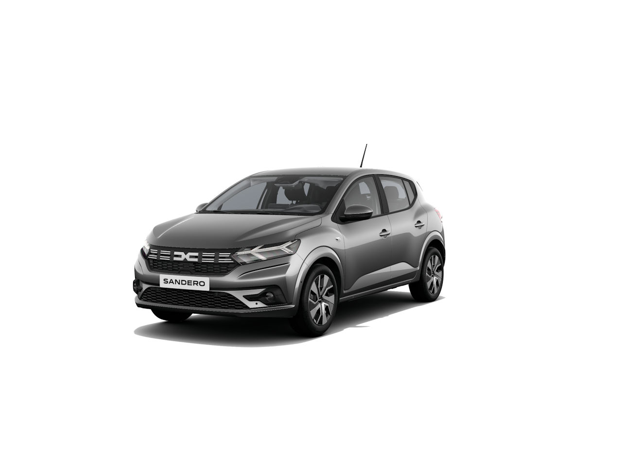 Grauer Dacia Sandero in einer 3/4-Ansicht, steht auf weißem Hintergrund.