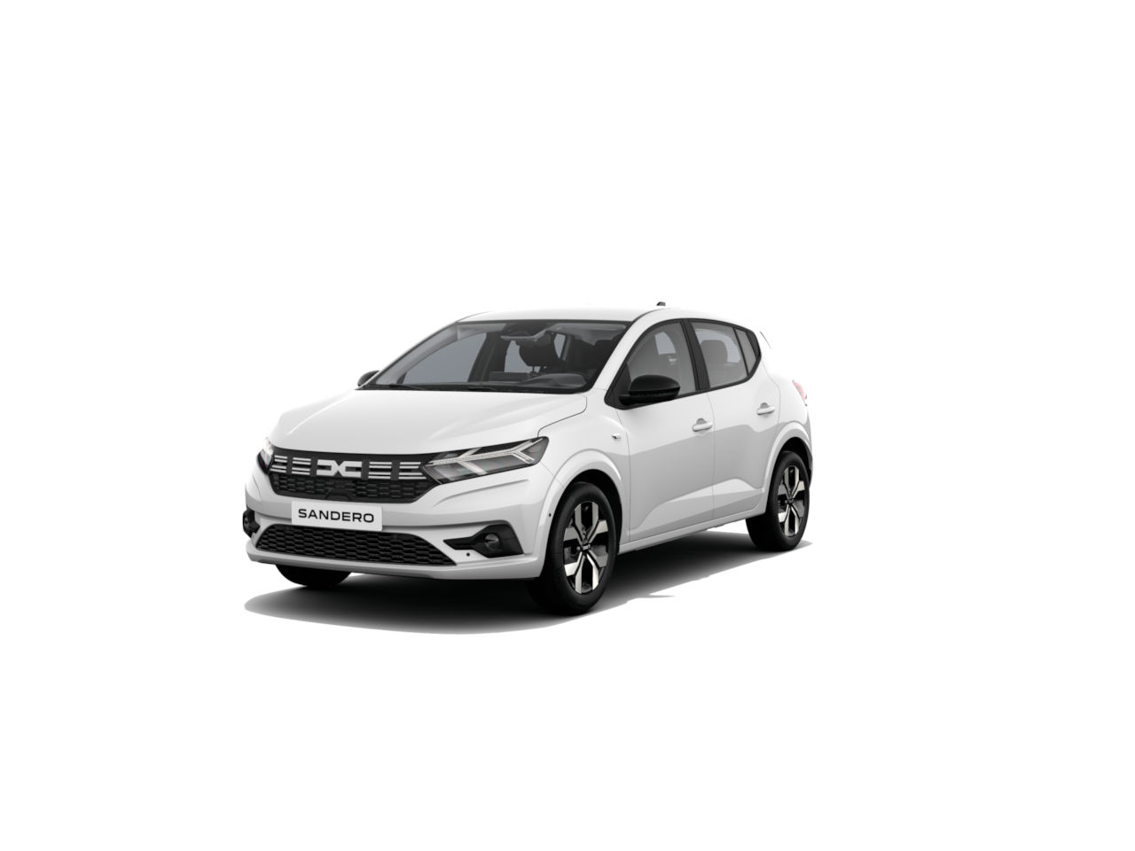 Der weiße Dacia Sandero, ein kompakter Stadtwagen mit modernem Design, steht frontal auf einem weißen Hintergrund.