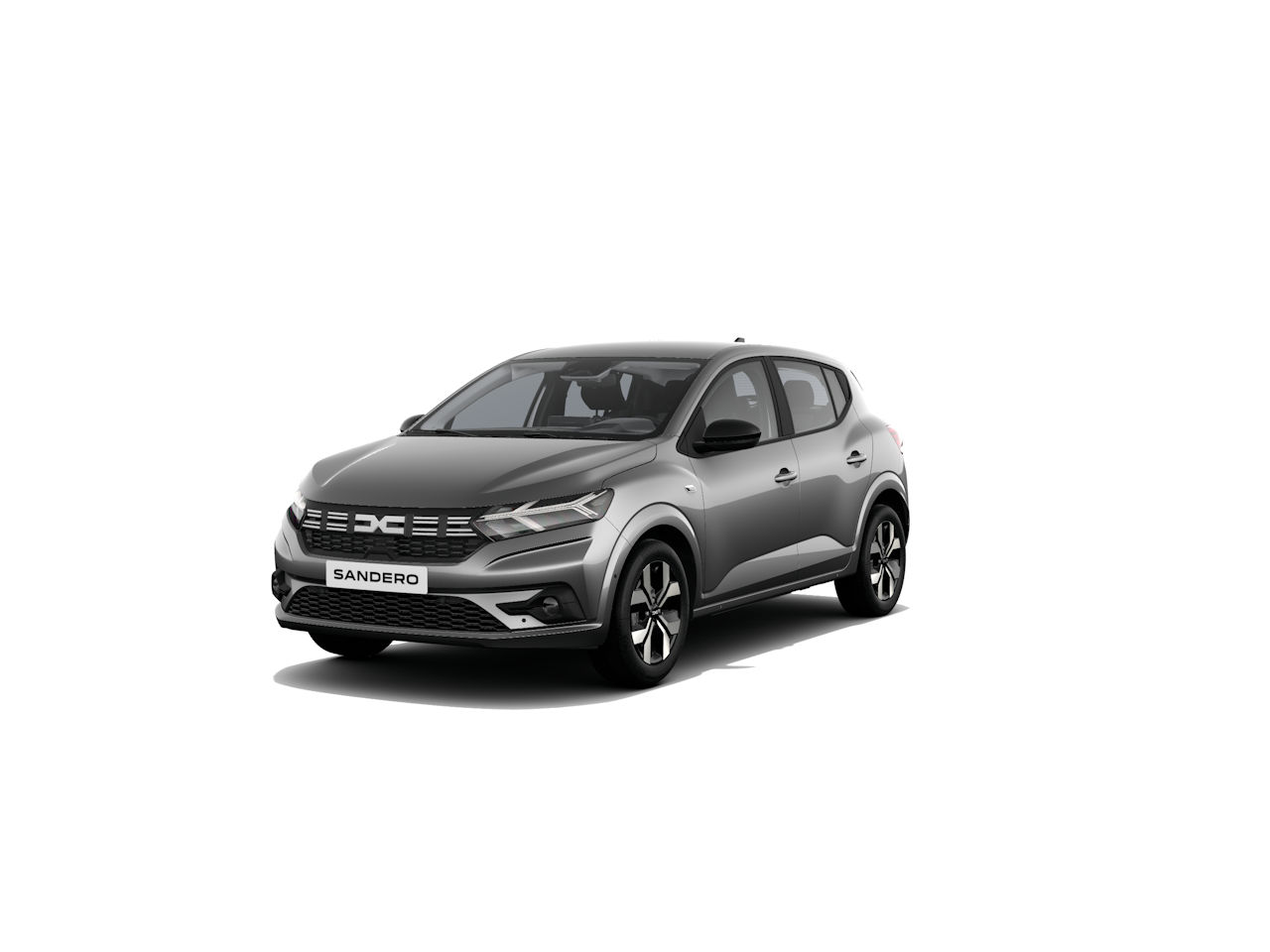 Ein grau lackierter Dacia Sandero steht frontal vor neutralem Hintergrund, mit markantem Design und modernen Linien.