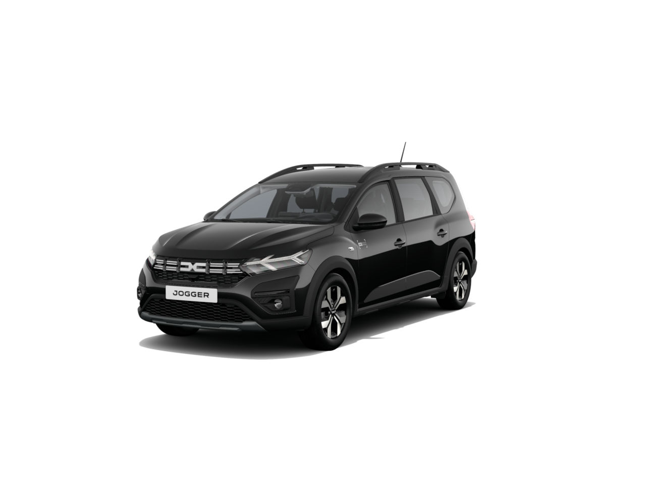 Schwarzes Auto, Modell Jogger, mit sportlichem Design und großen Fenstern auf weißem Hintergrund.