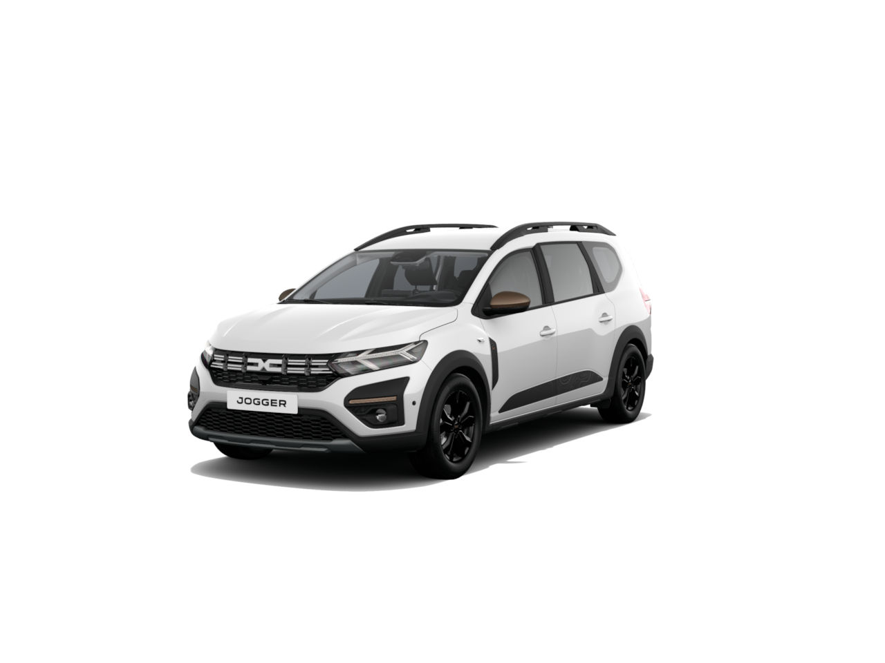 Weißer Dacia Jogger mit schwarzem Dach und sportlichem Design, steht auf einem weißen Hintergrund.