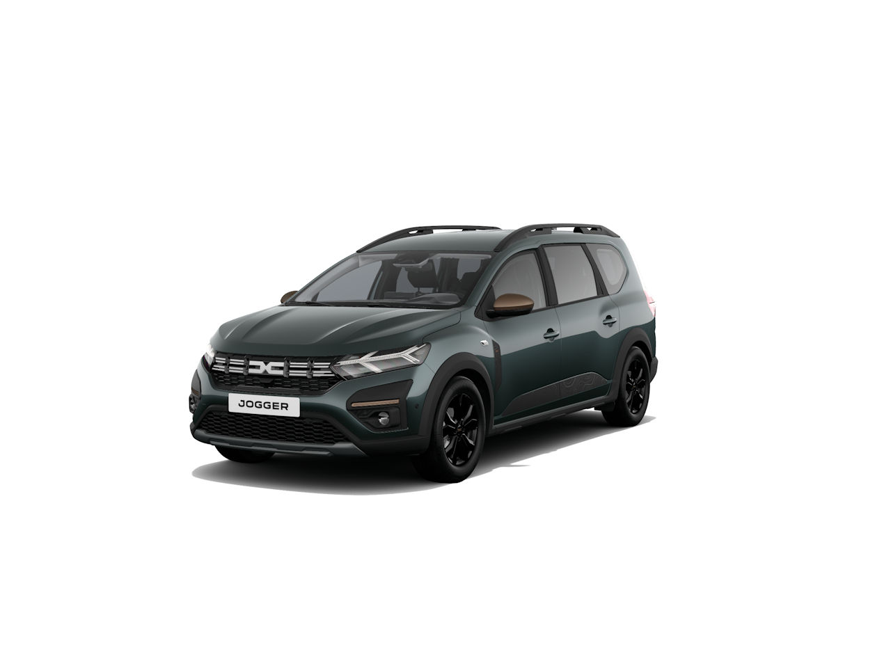 Dacia Jogger in dunkelgrün mit schwarzen Details, moderner Familienvan, auf weißem Hintergrund.