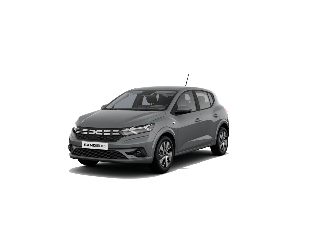 Grau farbener Dacia Sandero, kompakter Kleinwagen, auf weißem Hintergrund, modernes Design.