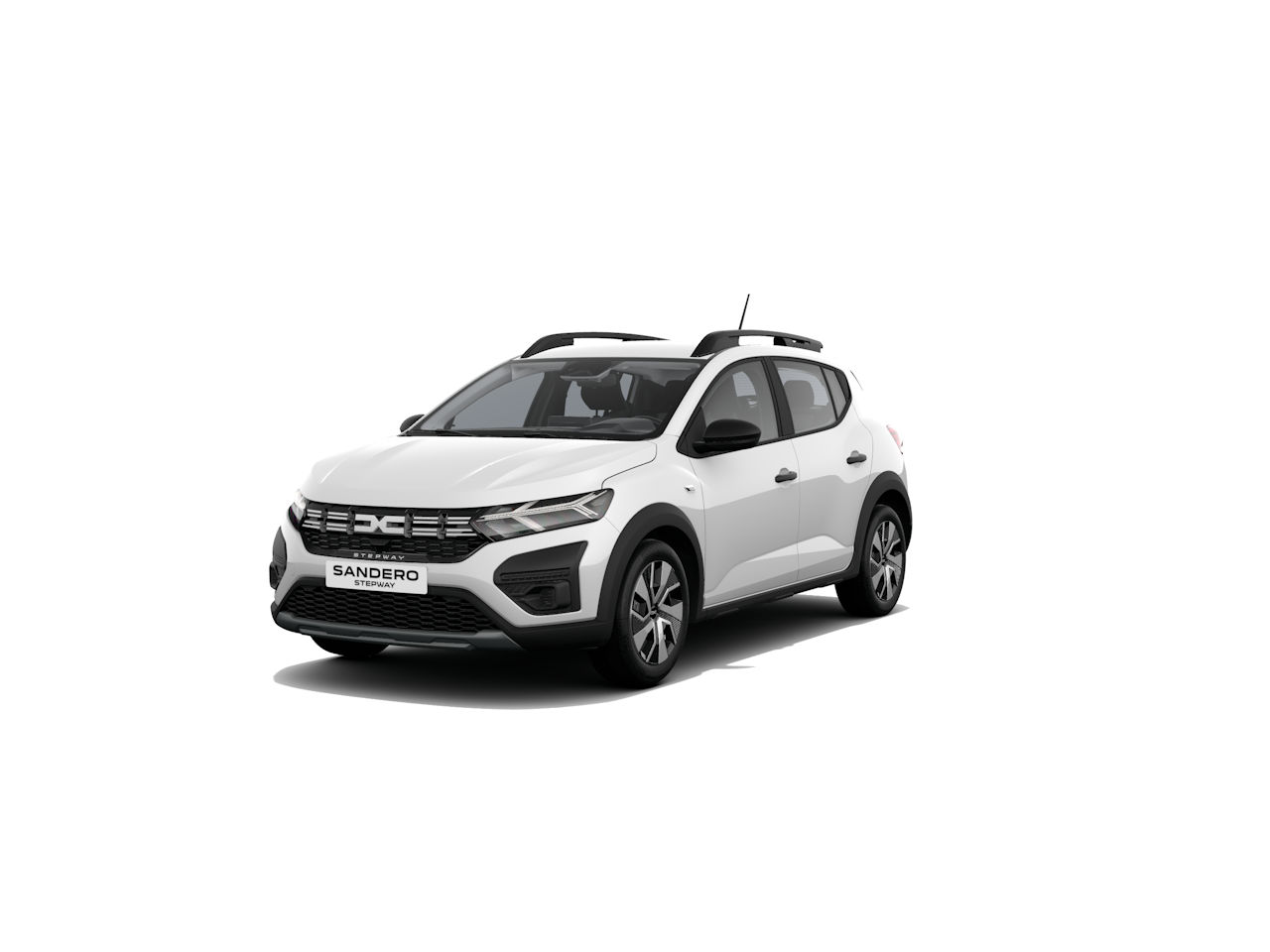 Weißes Auto der Marke Sandero, Modell SUV, frontal und leicht seitlich dargestellt auf weißem Hintergrund.