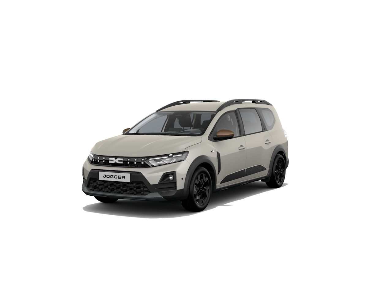 Dacia Jogger, kompakter SUV in beigefarbener Lackierung mit schwarzen Akzenten, Vorderansicht.