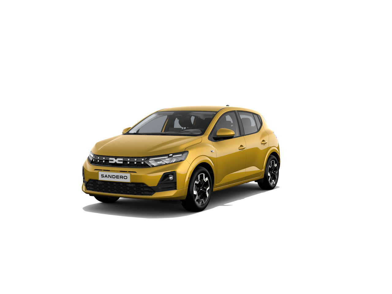 Gelber Dacia Sandero, kompakter Stadtwagen, mit modernem Design und markanter Frontansicht.